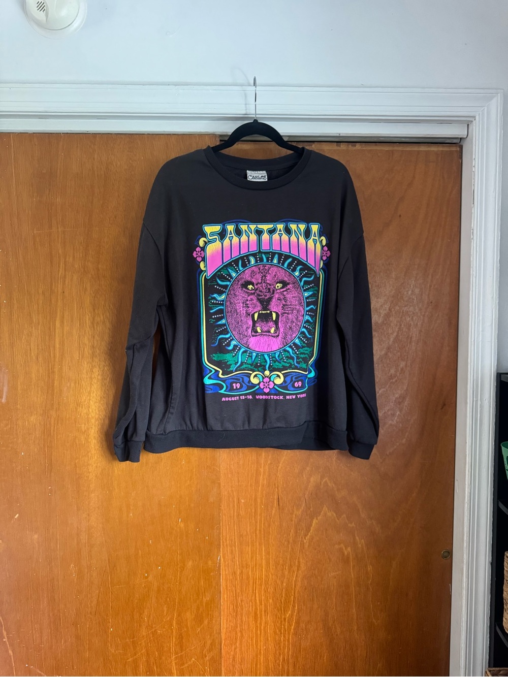 Carlos Santana Charcoal Crewneck Sweatshirt with Neon Pink & Blue Graphic